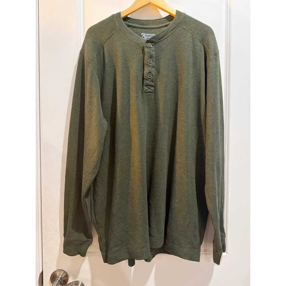 Gander Mountain Guide Series Mens 2XL Olive Waffle Knit Henley Shirt Cotton